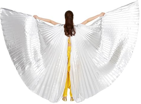 MUNAFIE Unisex Isis Flügel für Erwachsene Bauchtanz Flügel Umhang mit Stöcke Halloween Bauchtanz Kostüm Damen für Karneval Cosplay Tanzen Silber