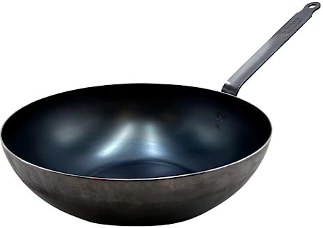 De Buyer - Sartén wok de acero al carbono azul de 2 mm de grosor - Acceso - Superficie de cocción de 12.5 pulgadas de diámetro, 5.9 pulgadas - Apto para horno - Libre de PFAS, PFOA y PFOS - Fabricado