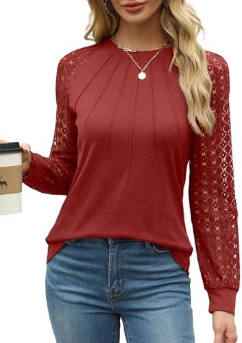 Aokosor Long Sleeve Tops Women Tops Plain Crew Neck Pleated Shirt Loose Casual Blouse for Women Tunic Shirt Ladies Jumpers Size 10-12 Deep Red