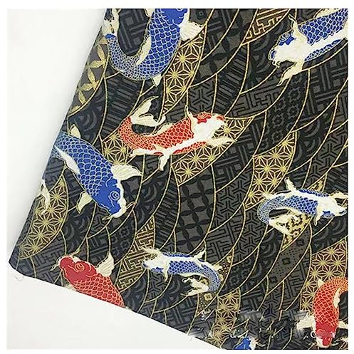 BrightGlow 200x150 cm Japanischer Stil Baumwollstoff Meterware Bunt Gedruckt Nähstoffe mit Blume Fächer Fliegender-Kran Tücher Baumwolltuch Kleiderstoff Quiltstoffe Karpfen