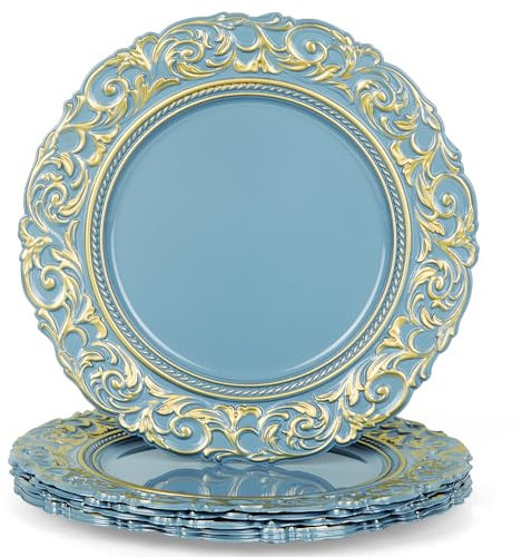 YXZHUOYU Antique Charger Plates, Set of 6 Plastic Embossed, Blue Charger Plate, 13 Inch, Elegant Charger Plates, Plate Set, Decorative Chargers for Dinner Plates