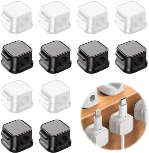 12 Pcs Attache Cable Support de Câble Magnétique,Range Cable Bureau,Cacher le Support de Câble de Chargement de Téléphone,Support de Chargeur de fil Adhésif Fort Pour Table de Nuit (Noir et Blanc)