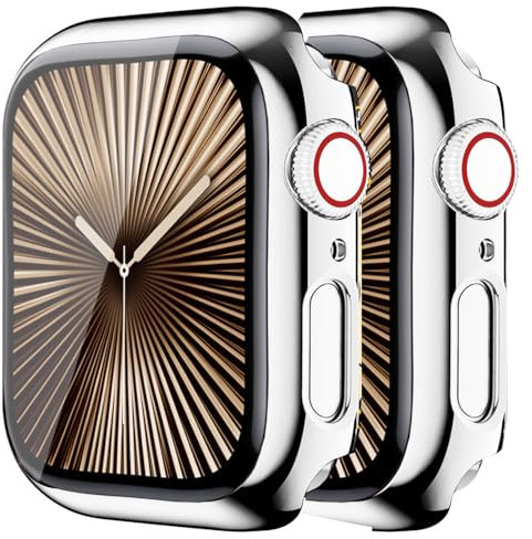 HANKN (2 Stück 46mm Hülle für Apple Watch Series 10 46mm Temperierte Glas Schutzhülle, Plattiert Hart Bildschirmschutz Gehäuse iWatch Eingebaut Displayschutzfolie - Glänzend Silber x 2, 46 mm