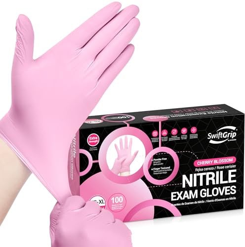 SwiftGrip Pink Nitrile Gloves 4 Mil, Medical Grade Disposable Gloves Latex Free & Powder Free, Finger Texture Enhanced Grip for Food Prep, Cleaning, Hair Dyeing (Box of 100, Medium)