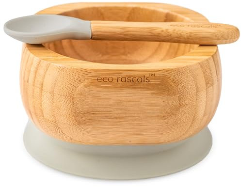 eco rascals Bamboo Baby Suction Bowl with Matching Spoon Set - Outstanding Stay Put Silicone Suction for Baby Led Weaning, Baby & Toddler Suction Bowls from 6 Months (Grey)