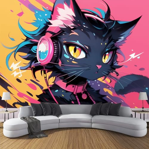 Fototapete Anime-Katze PVC Tapeten Moderne Wandtapete Wohnzimmer Schlafzimmer Kopfhörer-Katze Tapeten Wohnzimmer Jugendzimmer Wanddeko Wandtattoo selbstklebende 250x180cm