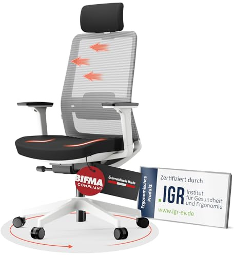 Yaasa Chair Pro Weiß, Bürostuhl ergonomisch, Homeoffice Chair, 3D-Armlehnen | Bequemer Schreibtischstuhl gegen Rückenschmerzen, 3D-Armlehne, Lendenwirbelstütze,150kg, flexibel einstellbar, Drehstuhl,Büro