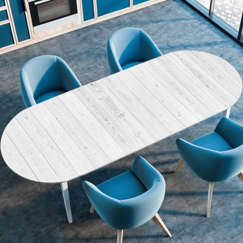 Mateju Mantel Oval Antimanchas, Grano de Madera Impermeable Exterior Borde Elástico Mármoles Lavable Mantel Mesa Redonda para Comedor Fiestas (Blanquecino,122x173cm)