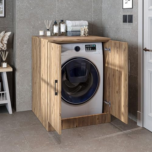 ROOMART, Badezimmer, Waschmaschinenschrank, Waschturm, Waschmachinenregal, Waschmaschinenüberbau - BHT: 70 x 180 x 69 cm (ohne Oberschrank, Eiche)