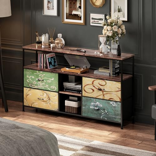 QMTXBYJ Mueble TVs de 108 cm con Luces LED,108 x 29,8 x 76,8 cm Mueble de TV Industrial con 4 Cajones,Muebles de Dormitorio,Armario de TV con LED para Dormitorio, Comedor, Salón