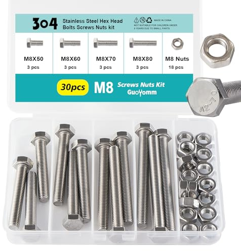GuoYomm Set di 30 viti a testa esagonale M8, in acciaio inox 304, bulloni e dadi, viti a macchina, lunghezza: 50 mm, 60 mm, 70 mm, 80 mm