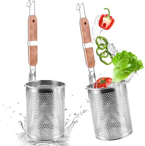 APACALI 2 Stück Nudelkorb Edelstahl, 12 cm Nudelsieb aus mikroperforiertem mit Holzgriff, Pasta-Korb, Gitter Nudelkorb, Nudelsieb, Küche, feines Sieb, für Zuhause