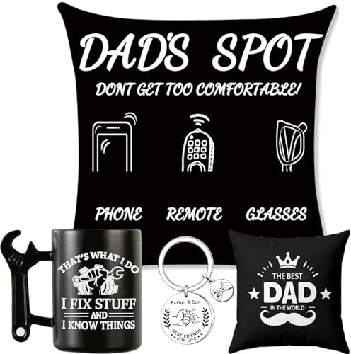 Charfia Dad Gifts Set, Fathers Day Birthday Gift for Dad, Cushion Cover, Mug and Keychain Set Gifts, Double-Sided 45x45cm Throw Pillow Cover with Pockets, Christmas Birthday Gifts for Father from Son