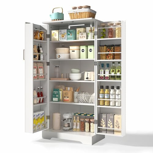 soges Multifunktionaler Küchenschrank Doppeltür mit Staufach mit LED-Sensorleuchte 60×35×128cm, Höhenverstellbaren Einlegeböden, Geeignet für Küche, Wohnzimmer und Esszimmer, Weiß