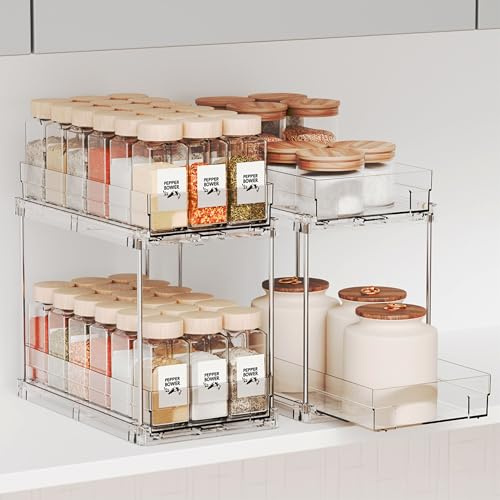 Yieach 2 Pack 2 Tier Vertical Spice Rack Pull Out,10.4'' Deep Narrow Slide Out Spice Rack Organizer for Inside Cabinets,Kitchen,Pantry,Cupboard Seasoning,Can,Jar Organizer and Medicine Cabinet Storage