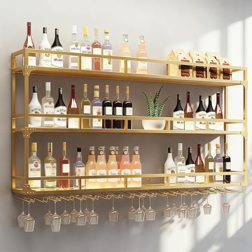 amhricho Porte Bouteilles Mural Industriel avec Support Verres, Étagères Polyvalentes Présentoir à vin à Ttrois Niveaux, vin Mural, pour Bars, Restaurant (Gold, 200 * 25 * 90CM)