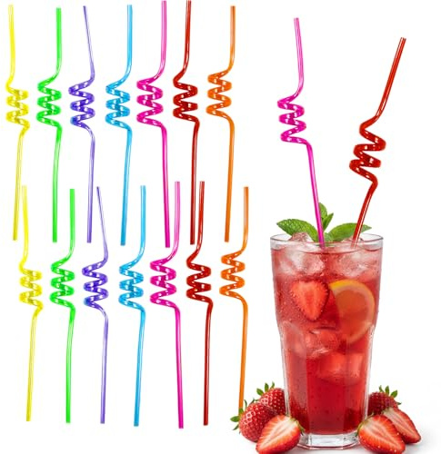 JEKUGOT 14 Pcs Curly Straws, Plastic Straws Reusable, Coloured Cocktail Straw for Home Bar, Kids Birthday Party, Beverage Decorations Supplies