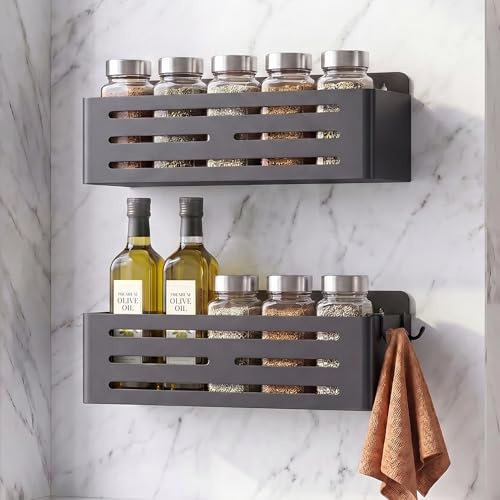 ITHKFU 2 Stück Gewürzregal Wand Ohne Bohren,25cm Schwarz | Küchenhalterung Mit 4 Haken, Organizer Schublade, Spice Organizer, Küchenutensilienhalter