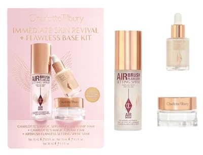Charlotte Tilbury Immediate Skin Revival + Flawless Base Kit, Magic Serum Crystal Elixir 10ml, Magic Cream 15ml, Setting Spray 34ml