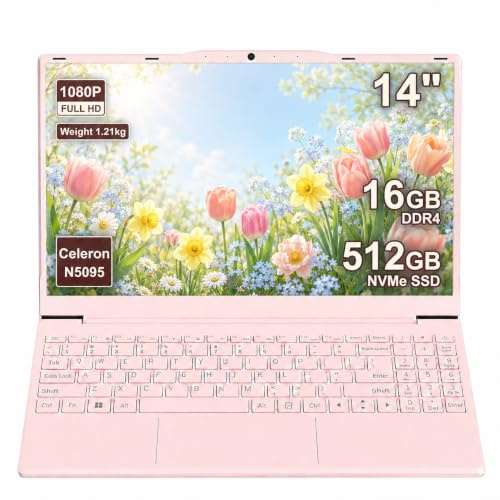 AEEVD 14 Inch Laptop, Win 11 pro, Celeron N5095, 16GB DDR4 RAM 512GB SSD, FHD 1080P IPS Screen, Pink Laptop for Girls Women Students, Fingerprint Reader, Backlit Keyboard, 180° Flip, Lightweight