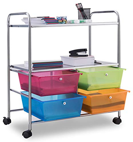 COSTWAY Rollwagen mit 4 stapelbaren Schubladen, Schubladenwagen Rollcontainer mit Metallgestell und Ablageflächen, Badrollwagen Aufbewahrungswagen für Büro, Wohnzimmer