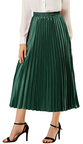 Allegra K Damen Hohe Taille A-Linie Elastisch Plissee Metallisch Party Faltenrock Maxirock Rock Dunkelgrün M