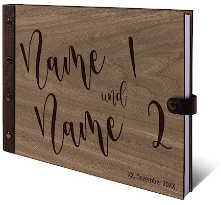 Personalisiertes Hochzeit Gästebuch echtes Holz DIN A4 Hochzeitsbuch mit Lasergravur - Comic Schrift - mit 72 Blatt / 144 Seiten Naturpapier Weiß