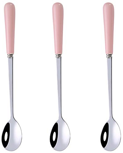 Goeielewe 3PCS Mixing Spoons for Coffee, Dessert, Ice Cream, Milkshake, Stainless Steel Iced Teaspoon with Ceramic Handle Tablespoons Espresso Cocktail Stirring Spoons, 6.8-Inch (Pink)