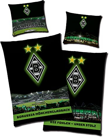 Borussia Mönchengladbach Wende-Bettwäsche - Borussia-Park Leuchtet im Dunkeln 135 x 200 + 80 x 80 cm 100% Baumwolle Linon Fußball Fan VFL 1900 Niederrhein deutsche Größe mit YKK-Reißverschluss