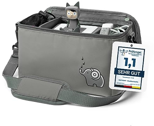 fantifant Musikbox Tasche für Tigerbox oder Toniebox Tasche für Box und Zubehör mit flexiblen Innenfächern I mit recyceltem PET I elefantengrau