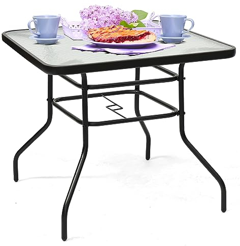 GOPLUS Gartentisch mit Schirmloch, Balkontisch mit Glasplatte & Metallrahmen, Terrassentisch Beistelltisch Bistrotisch Glastisch Esstisch für Garten & Terrasse (Quadratisch)