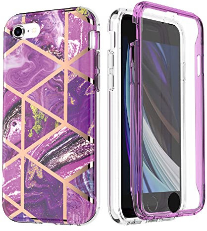 UEEBAI Case for iPhone SE 2022 5G/iPhone 7/iPhone 8/iPhone SE 2020, Marble Pattern Full Body Protective Case Built in Screen Protector Hard PC Case TPU Shockproof Cover for iPhone SE3/SE2 - Purple