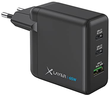 XLayer Powercharger USB-C Schnellladegerät I 65W PD I GaN Charger I 3-Port I kompatibel mit MacBook Pro/Air, iPhone 16 15 Pro Max/15/14 Pro Max/14/13, iPad Pro, Galaxy S23 Ultra/S22, Lenovo
