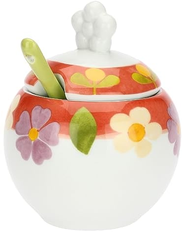 THUN, Zuccheriera con Cucchiaino in Porcellana Decorata a Mano con Motivi Floreali, Linea Florianne, 11x11x12 cm h, Capienza 300 ml