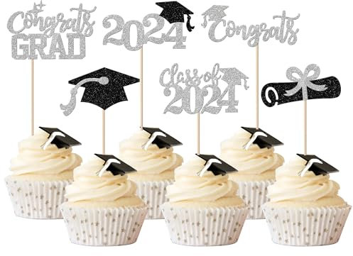 Rsstarxi Cupcake-Topper 2023 Abschlussfeier, Glitzer, Congrats Grade Class of 2023, Kappe, Diplom, Cupcake-Picks 2023, Abschlussfeier, Party, Kuchendekorationen, Zubehör, Silber, 24 Stück
