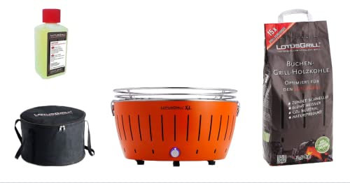 LotusGrill XL Starter-Set, 1 griglia, 1 carbone di faggio da 2,5 kg, 1 pasta combustibile da 200 ml, 1 borsa per il trasporto (Orange)
