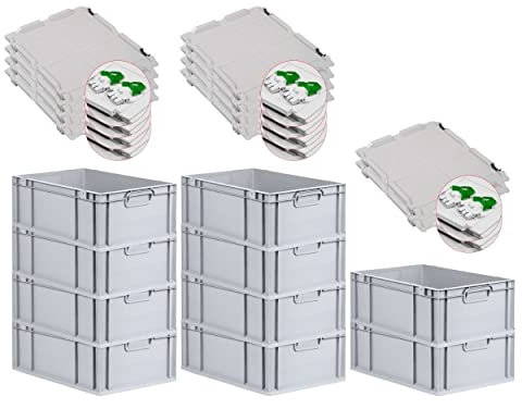 PROREGAL SuperSparSet 10x Eurobox NextGen Grip mit Scharnierdeckel und grünen Schiebeschnappverschlüssen, HxBxT 22x40x60cm, 44 L, Grau, Griffe geschlossen, Eurobehälter, Transportbox