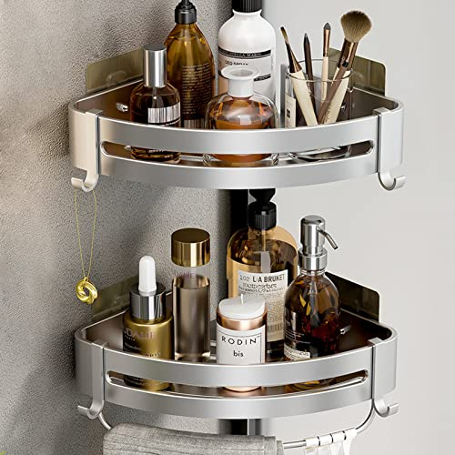 Nchdewui Duschablage ohne Bohren, 2er-Pack Duschregal mit 2 Haken für Bad Küche Toilette, Aluminium, Matt Schwarz (2 Silber Eck)