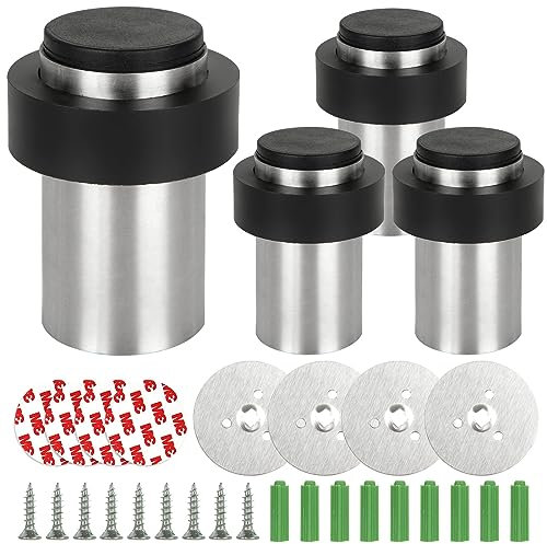 SHUESS 4 Pcs 60 mm Silver Door Stop - Floor and Wall Mounted Door Stopper with Thick Rubber Bumper to Reduce Sound and Noise - Stainless Steel Floor Door Stopper
