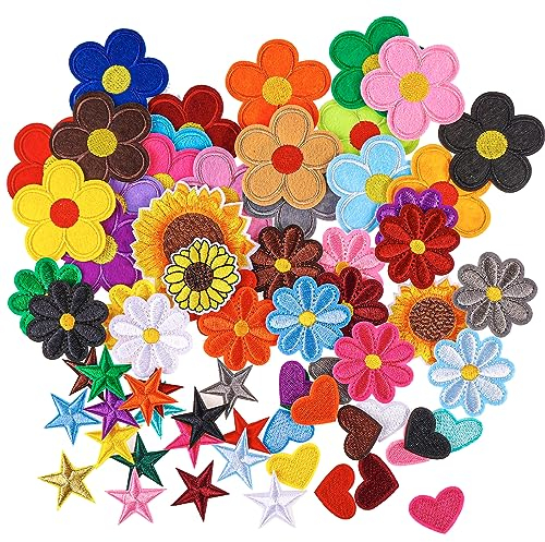 71 Stück Aufnäher zum Aufbügeln, Flicken zum Aufbügeln, Patches Blumen Stern Herzen Bügelflicken Applikationen zum für Bestickte Aufnäher Aufbügeln für Hut, Jeans, Jacken, DIY