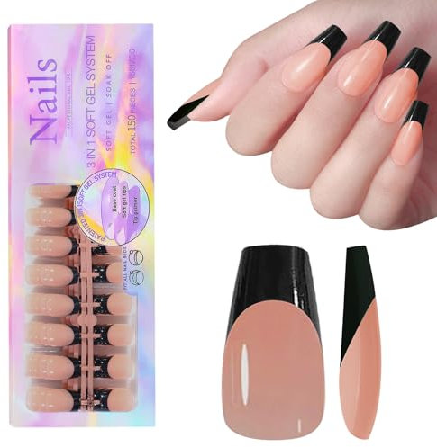 French Gel Nail Tips, 150pcs Medium Coffin Press on Soft Gel Fake Nails, 3 in 1 X-coat Pre-Applied Tip Primer & Base Coat, 15 Sizes for DIY Nail Extension, No Filing Required (HJ-NT087-No.11)