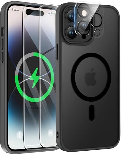 ORETECH für iPhone 14 Pro Max Hülle mit 2 Schutzfolie, Matt Schwarz | Kameraschutz,Kompatibel mit Mag Safe,Stoßfest Kratzfest Transluzente Rückseite Handyhülle für iPhone 14 Pro Max