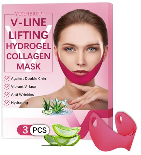 Shefave V Line Gesichtsmaske, Doppelkinn Entferner, 3pcs Hydrogel Collagen Mask mit Aloe, V-Form Face Tape Lifting Collagen Maske für Doppelkinn Straffer, Ohrhaken-Hals Masken Beauty