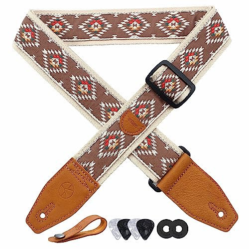YIKOKO Gitarrengurt 5,1 cm Stickerei, Baumwolle, Gitarrengurte mit Vollnarbenlederende, für Bass, elektrische und akustische Gitarren, kostenloser Gurtknopf, Gurtschlösser und Gitarrenplektren