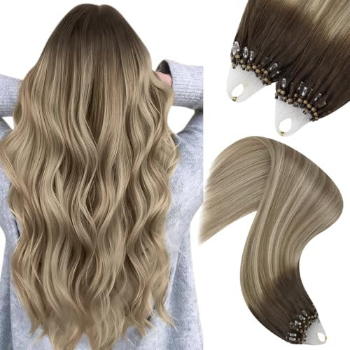 YoungSee Micro Beads Hair Extensions Dark Brown Ombre Light Brown with Blonde Hair Extensions Micro Tip Cold Fusion Hair Brown Micro Human Hair Extension 18 inch 1g/s 50g