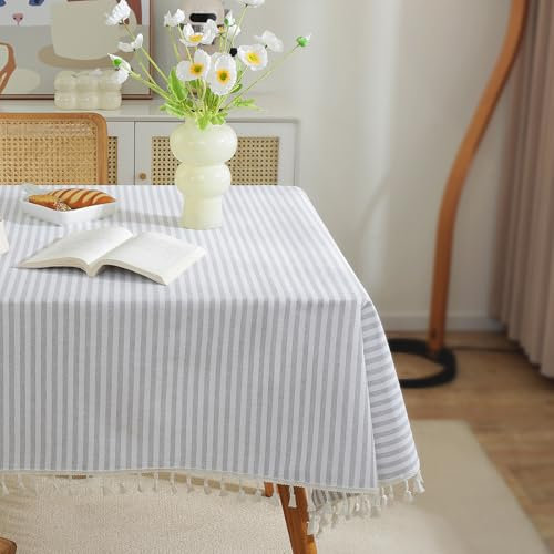 meioro Gestreifte Tischdecke Rechteckige Tischtuch mit Quasten, Abwaschbare Tischdecken Dekorative Tischwäsche für Küche, Esszimmer und Tabletop (Grau/Weiße Streifen,140x200cm)