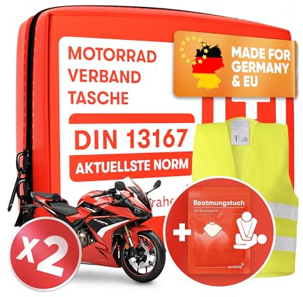PURAHELP Motorrad 2x Verbandskasten nach aktueller Norm 2025 DIN 13167 (StVO konform) - Inkl. Warnweste & Beatmungstuch - Motorrad Erste Hilfe Set 2025 Mini Klein