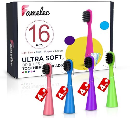 FAMELEC Burst Kids Ersatzköpfe, perfekte Passform für geplatzte Zahnbürstenköpfe für Kinder, ultraweiche Borsten für Tiefenreinigung, perfekt für geplatzte Kinder-Zahnbürstenköpfe, 16 Stück, gemischte