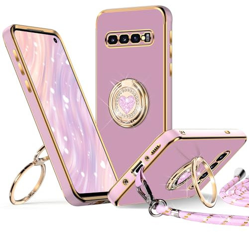 XYZ für Samsung Galaxy S10 Hülle mit Band, Herz Doppelring Ständer HandyHülle Handykette Frauen Mädchen Dünn Stoßfeste Anti-Kratzt SchutzHülle für Samsung S10 Case, Lila