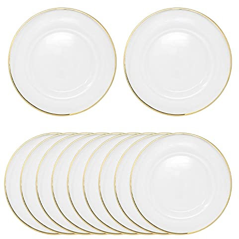 Trimming Shop 13-inch Elegant Clear Charger Plates with Gold Rim, Acrylic Chargers for Weddings, Parties, & Event Décor, Decorative Clear Plates with Gold Edge for Home & Dining, Pack of 12